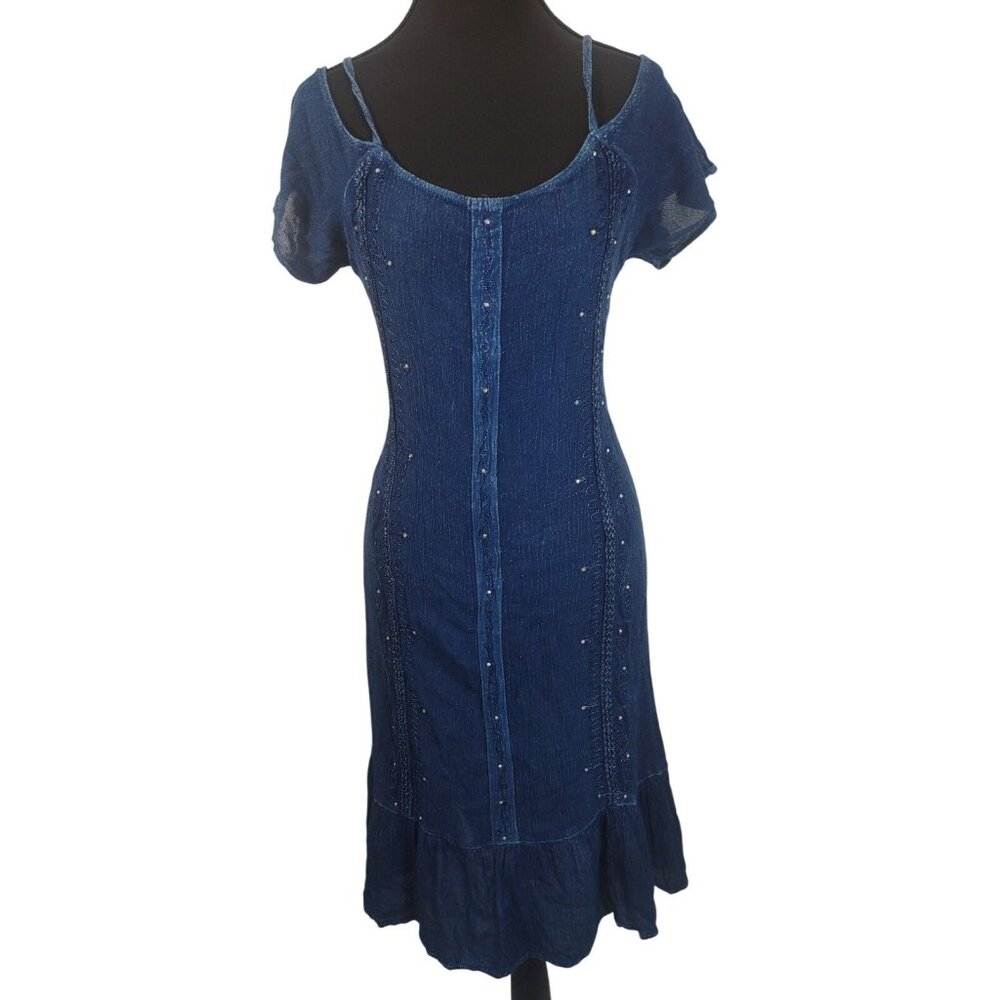 Vintage 90s Mineral Wash Blue Midi Maxi Embroidered Summer Dress Cover Up Beachy